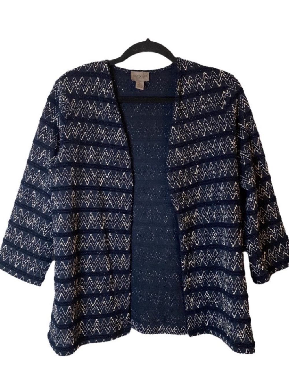 Chico’s Easywear Navy Chevron Shimmery Open Front Cardigan Size 2/Large
